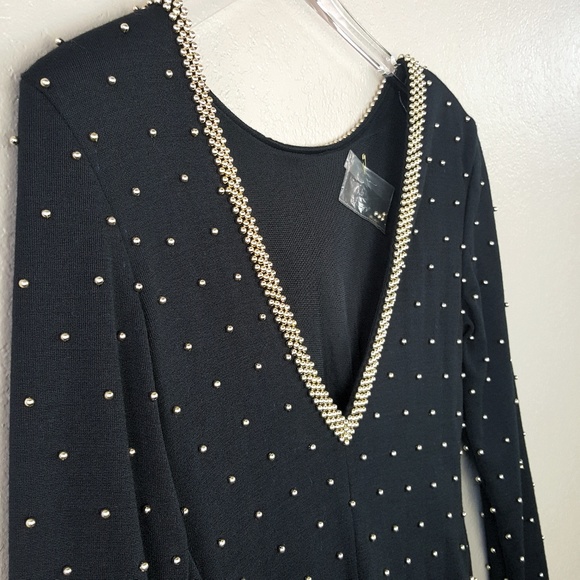 Vintage Hand Beaded Deep V Gold Black Dress 6 - Picture 3 of 13